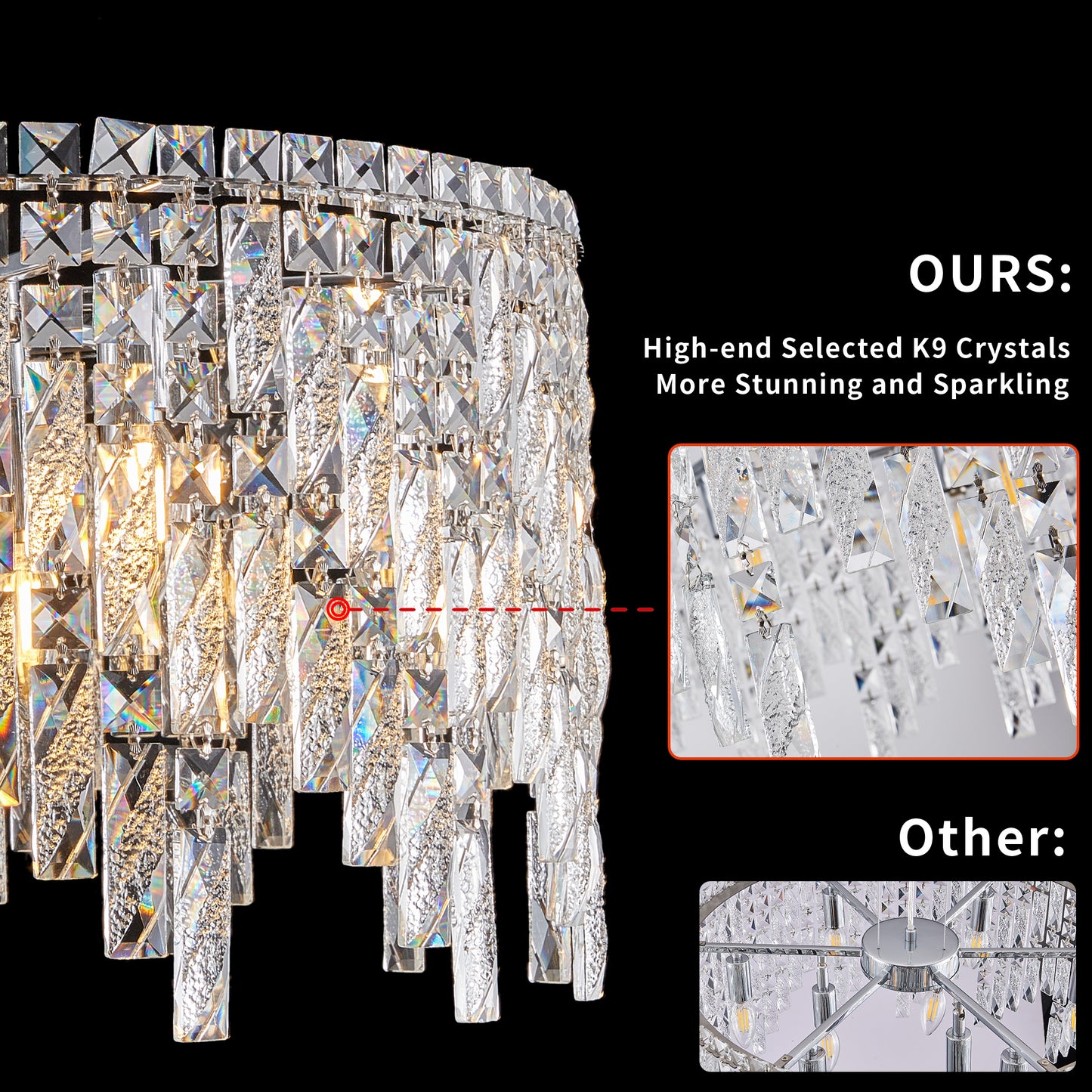 L5024-600-C 24 Luxurious Round Silver Crystal Chandelier, Contemporary Rectangular Pendant Light For Dining Room, Living Room, And Grand Foyers Bulbs Not Included