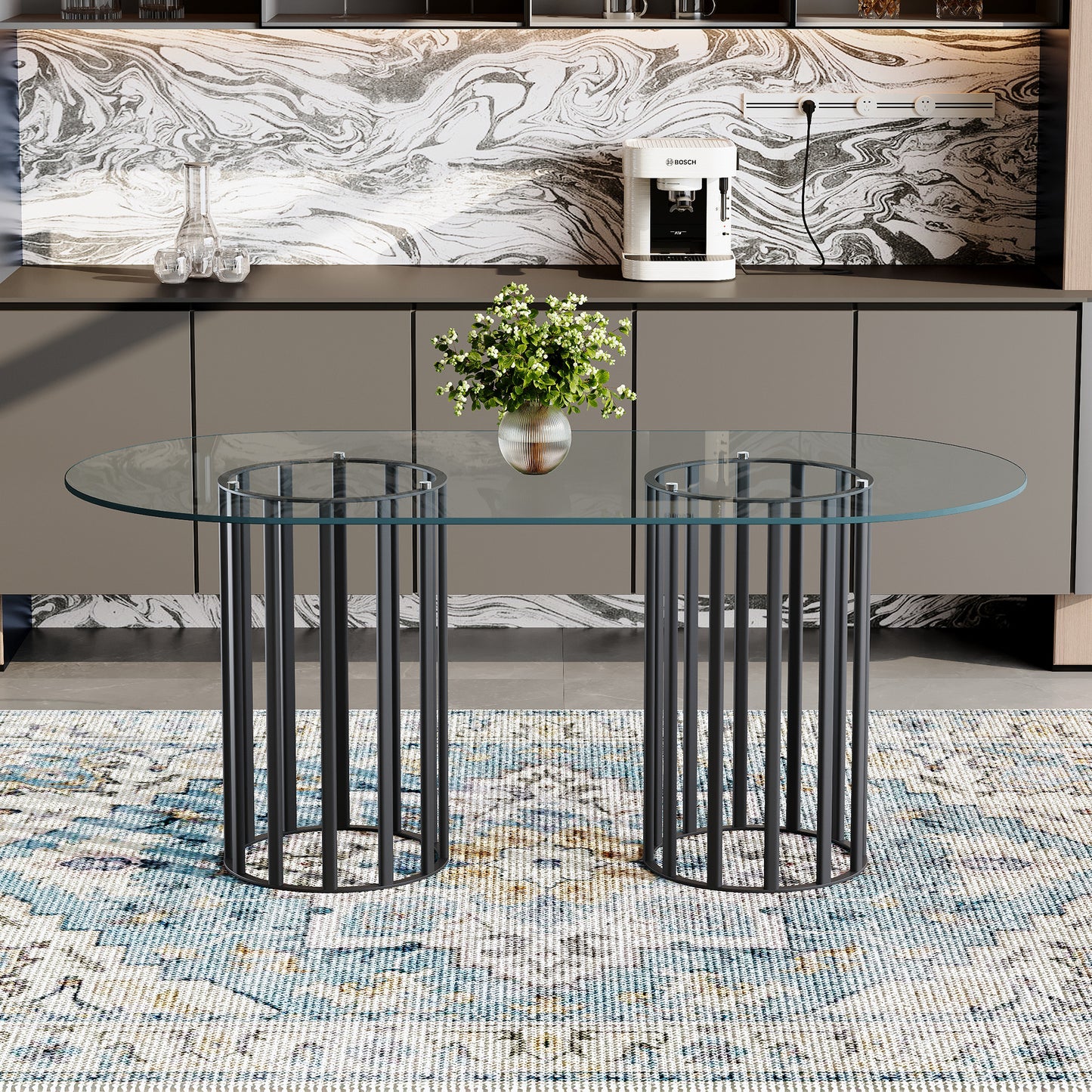71 Inch Oval Tempered Glass Dining Table,black Double Column Light Luxury Style,tempered Glass Scratch Resistant And Easy To Clean.Suitable For 6-8 People Dining, Modern Light Luxury Restaurant Table.