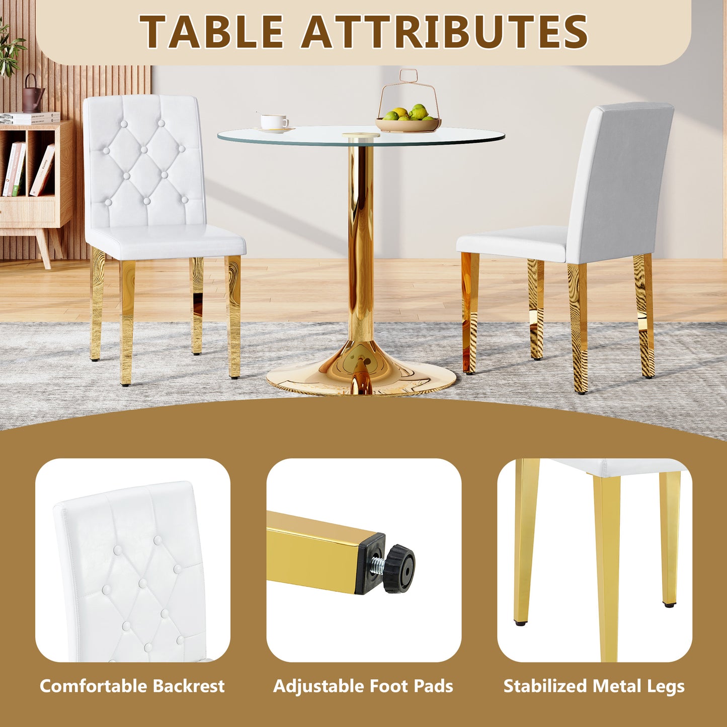 4-pack White PU Dining Chairs ,Ergonomic Buckle Backrest, 35 Inches High, Golden Metal Legs,Combines Comfort And Texture.Perfectly Suitable For Family Dining Rooms, Hotel Banquet Halls,etcW1151P295709