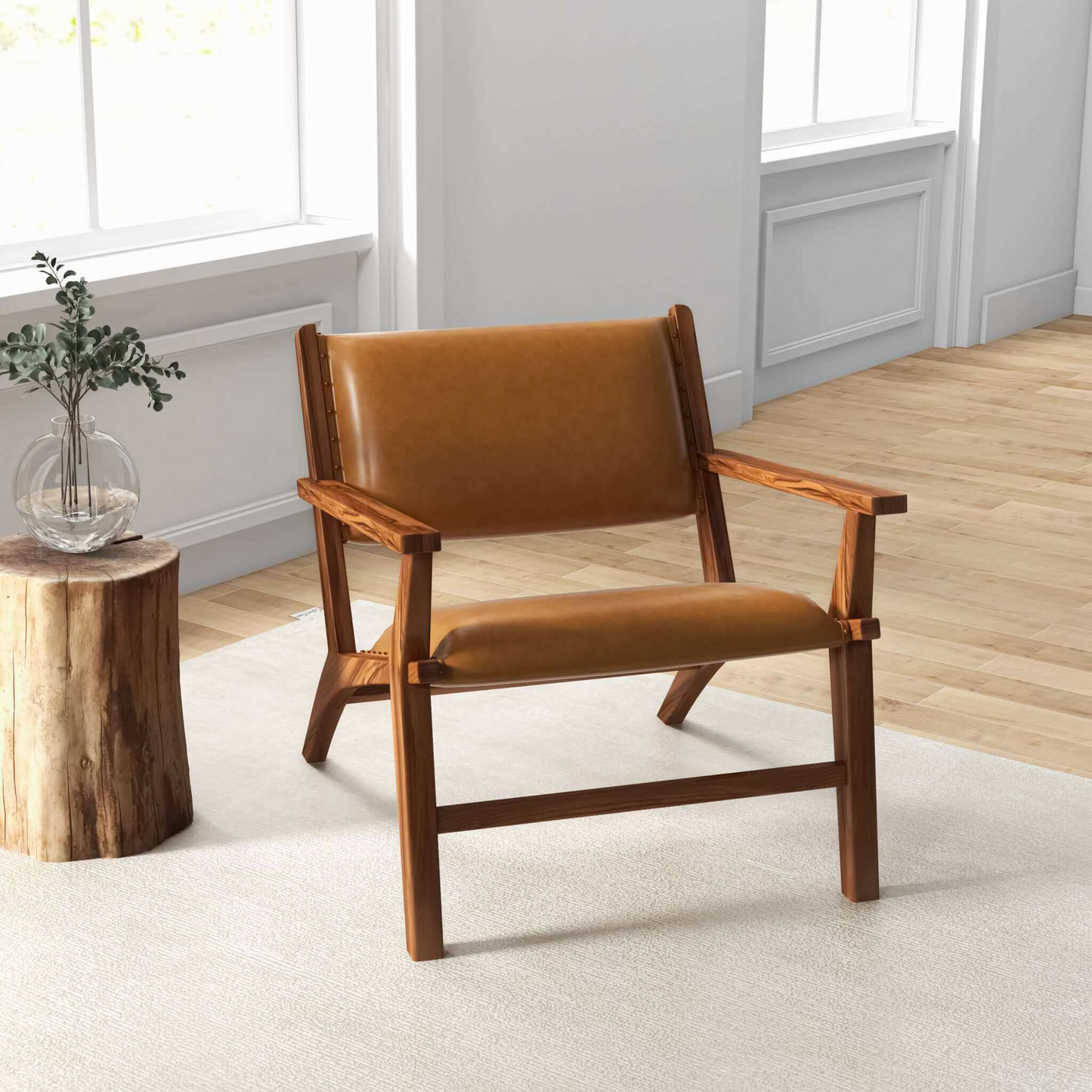 Hendrix Antique Tan Leather Arm Chair Mid-Century Modern Style With Solid Wood Frame 32   L X 26   W X 28   H For Bedroom, Living Room, Hallway