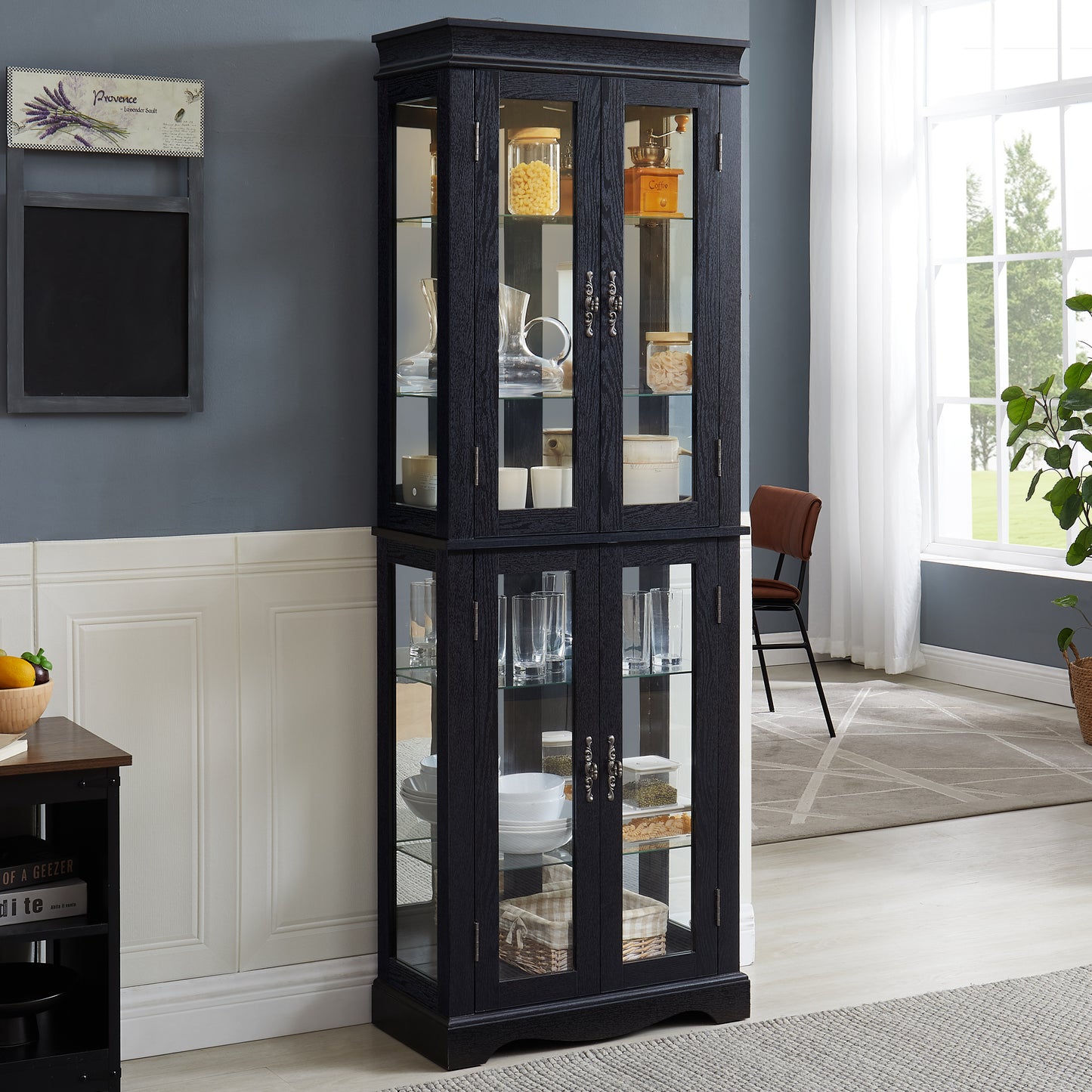 Lighted Glass Curio Display Cabinet,Display Cabinet,Glass Storage Cabinet Glass Wine Cabinet Wood Frame Toy Display For Living Room, Kitchen, Pantry Light Bulb Included BIACK