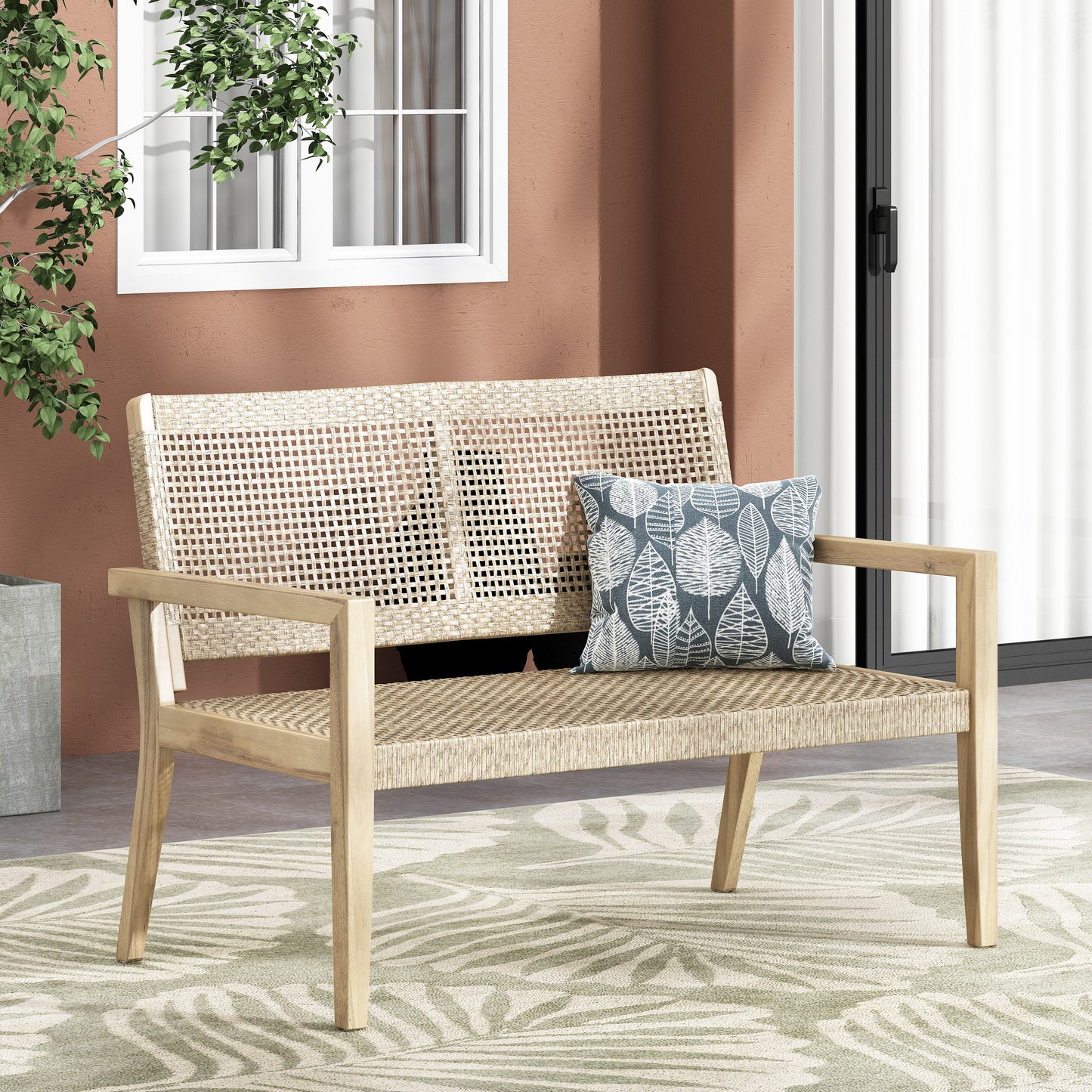 Outdoor Wicker And Acacia Wood Loveseat, Light Multibrown And Light Brown, 34 H X 46.5 W X 27.25 D