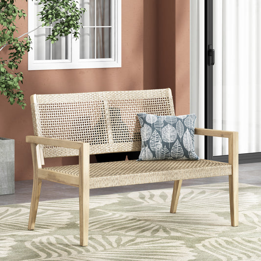 Outdoor Wicker And Acacia Wood Loveseat, Light Multibrown And Light Brown, 34 H X 46.5 W X 27.25 D