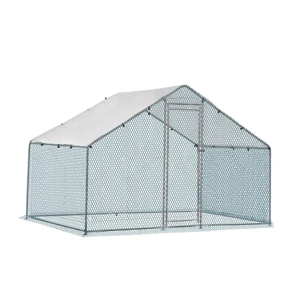 2X2X2m&6.5x6.5x6.5ft Silver Chicken Coop With Pointed Roof, 180g PE Rain Cloth, Metal Chicken And Rabbit Cage