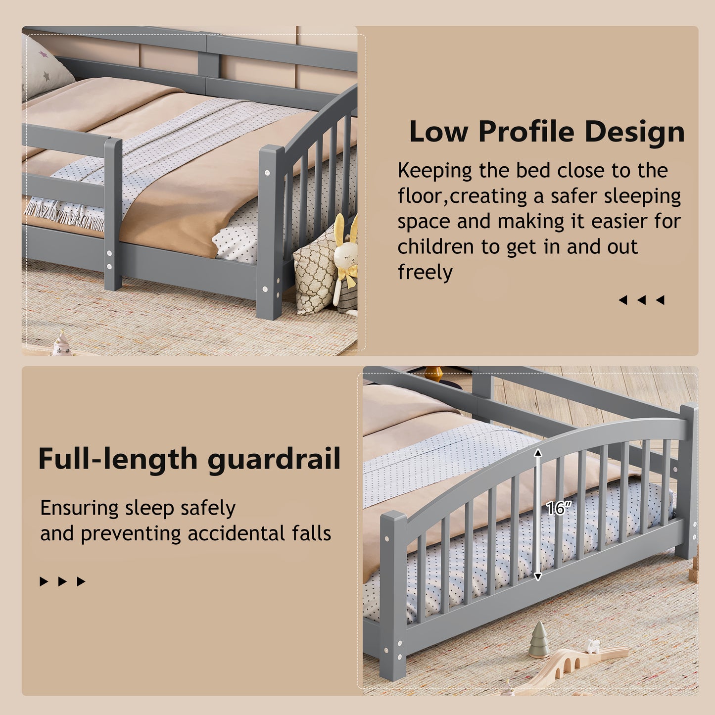 Full Montessori Floor Bed With Slats And Safety Guardrails, Solid Wood Floor Bed With Fence And Without Door, Easy Assemble Montessori Bed For Girls And Boys, Gray
