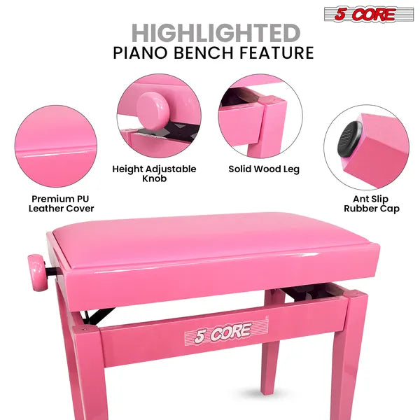 5 Core Adjustable Piano Bench Thick 3.25" Solid Wood Keyboard Stool Heavy Duty Musician Chair