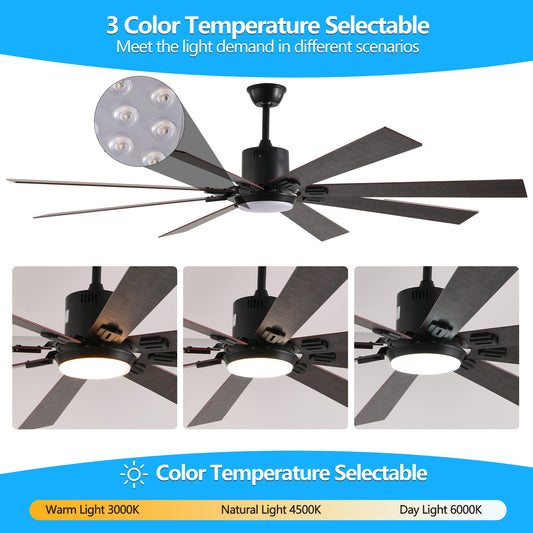72in Walnut LED Ceiling Fan Light With 8 Wooden Blades, Remote Control, Adjustable Color Temperature For Living Room, Bedroom, Or Dining Room,Silent,6-Speed,Reversible,DC Motor