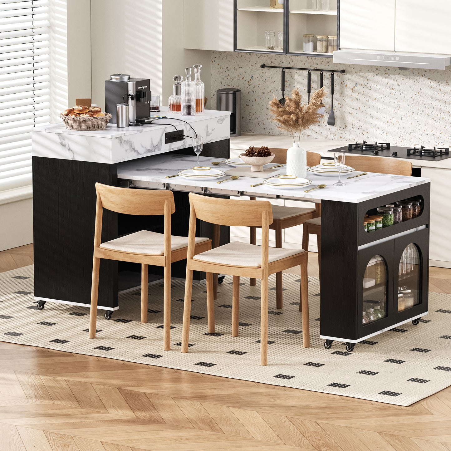 TREXM Extendable Dining Table With Extra-Long Folding Top  Rolling Kitchen Island With Drawers  Power Outlet And Brake Lock  Storage Cabinet For Kitchen And Dining Room  Black   Marble White