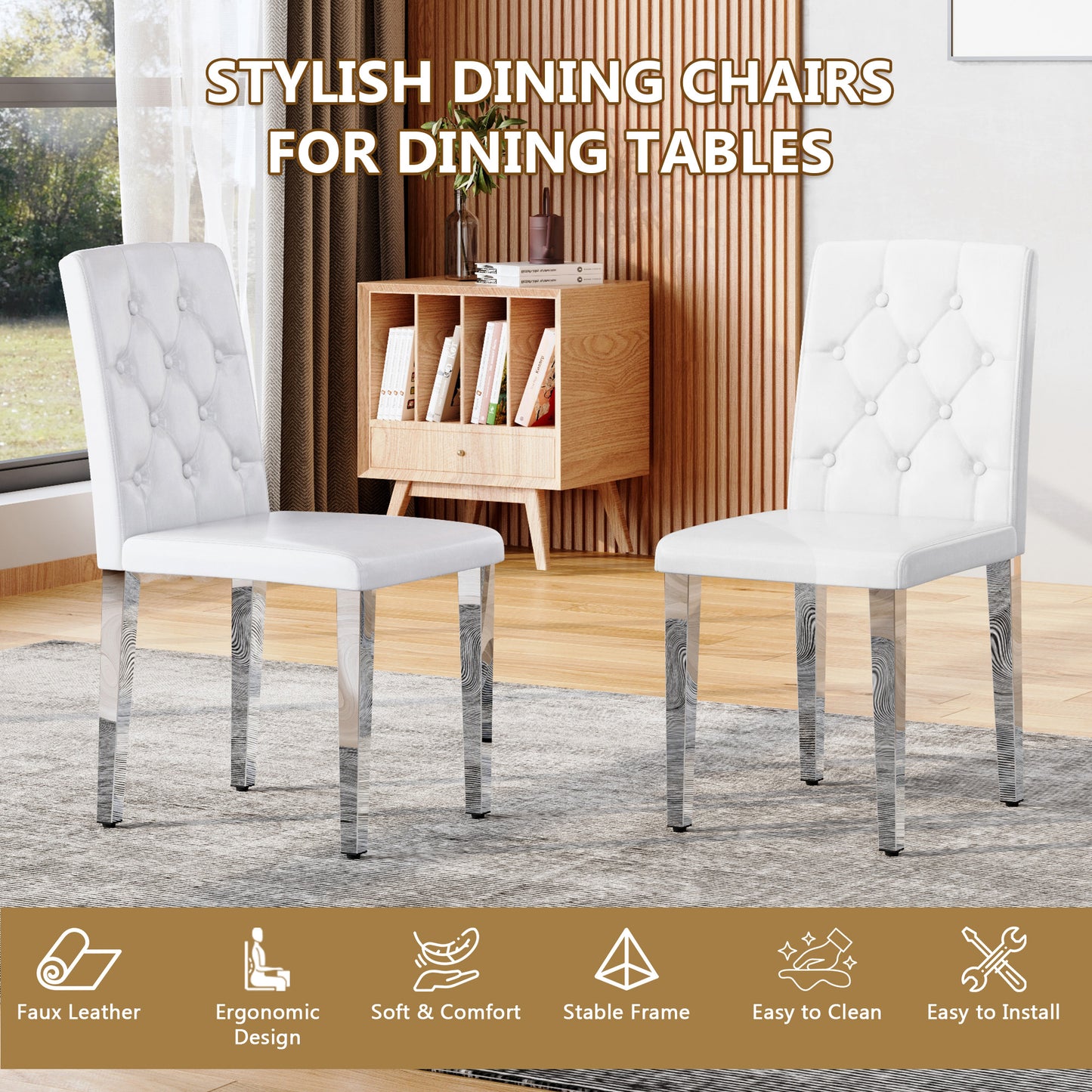 2-pack White PU Dining Chairs Ergonomic Buckle Backrest, 35 Inches High, Silver Metal Legs,Combines Comfort And Texture.Perfectly Suitable For Family Dining Rooms,hotel Banquet Halls,etc.