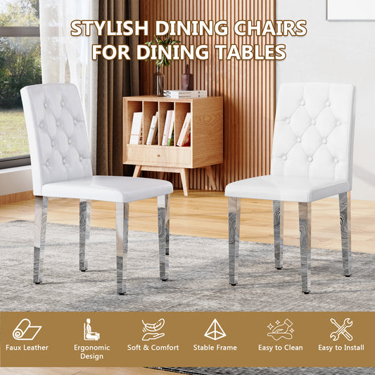 2-pack White PU Dining Chairs Ergonomic Buckle Backrest, 35 Inches High, Silver Metal Legs,Combines Comfort And Texture.Perfectly Suitable For Family Dining Rooms,hotel Banquet Halls,etc.