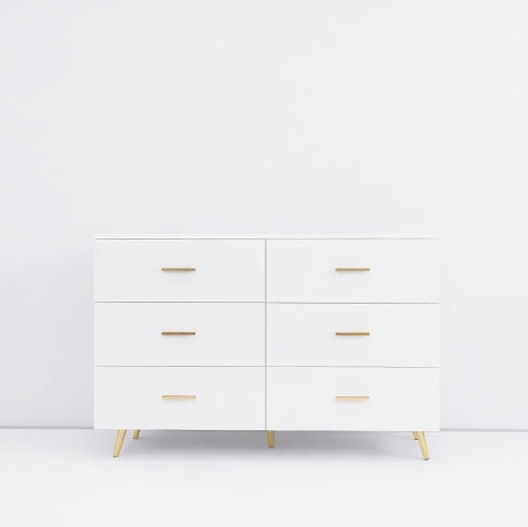 High Glossy Surface 6 Drawers Chest Of Drawer With Golden Handle And Golden Steel Legs White Color Vanity