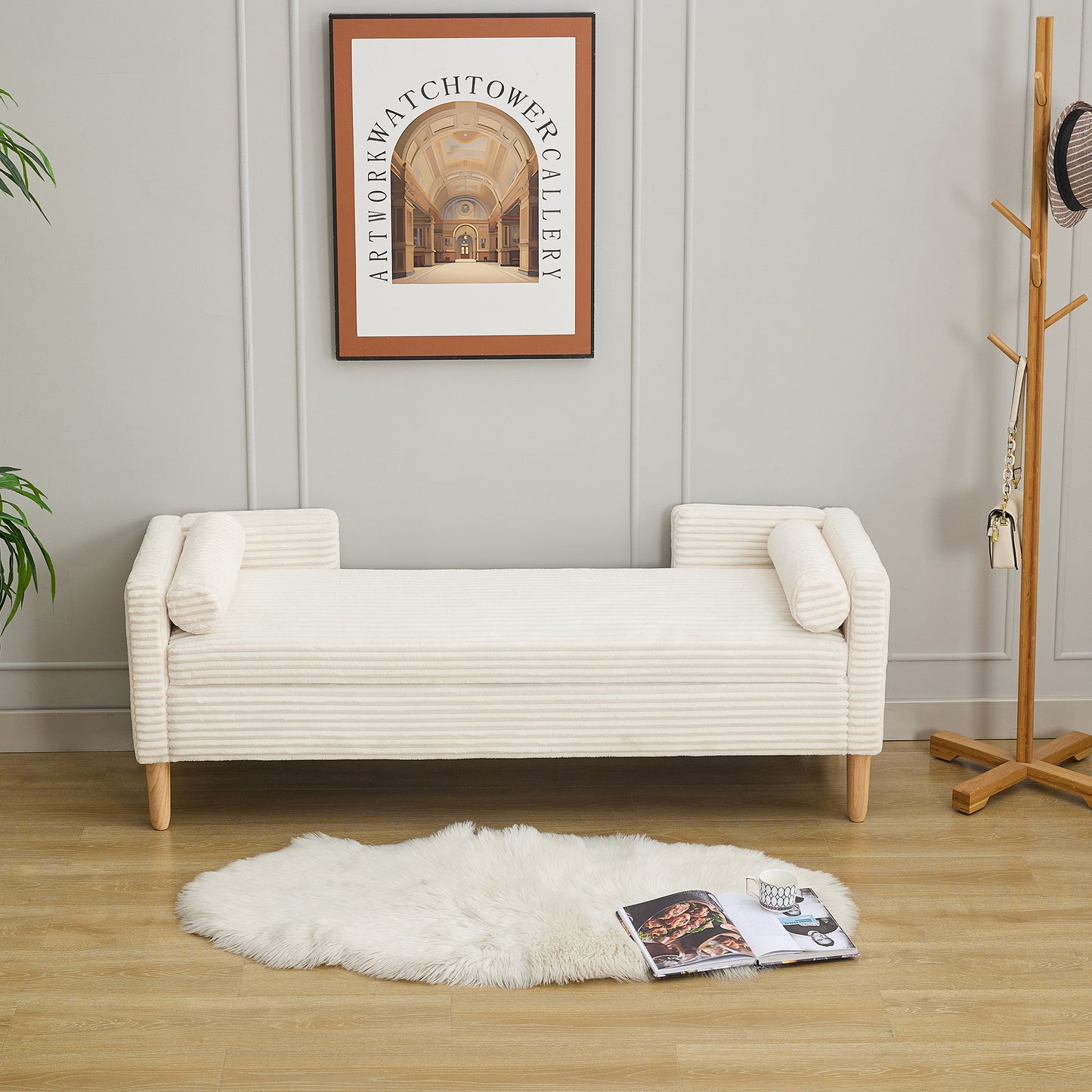65.35 Wide Upholstered Flip-top Storage Accent Bed Bench, Corduroy Footrest Ottoman With Armrests&Backrest&2 Bolster Pillows Wood Legs For Living Room, End Of Bed, Hallway, Entryway Bedroom. Ivory