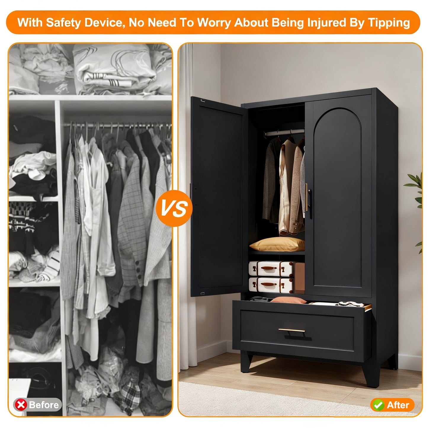 60inch Tall Metal Wardrobe Cabinet With 1 Drawer And Hanging Rod, 2 Doors Wardrobe Closet With Shelf For Bedroom, Office, Laundry Room,Entryway ,Foyer,Guesthouse Black