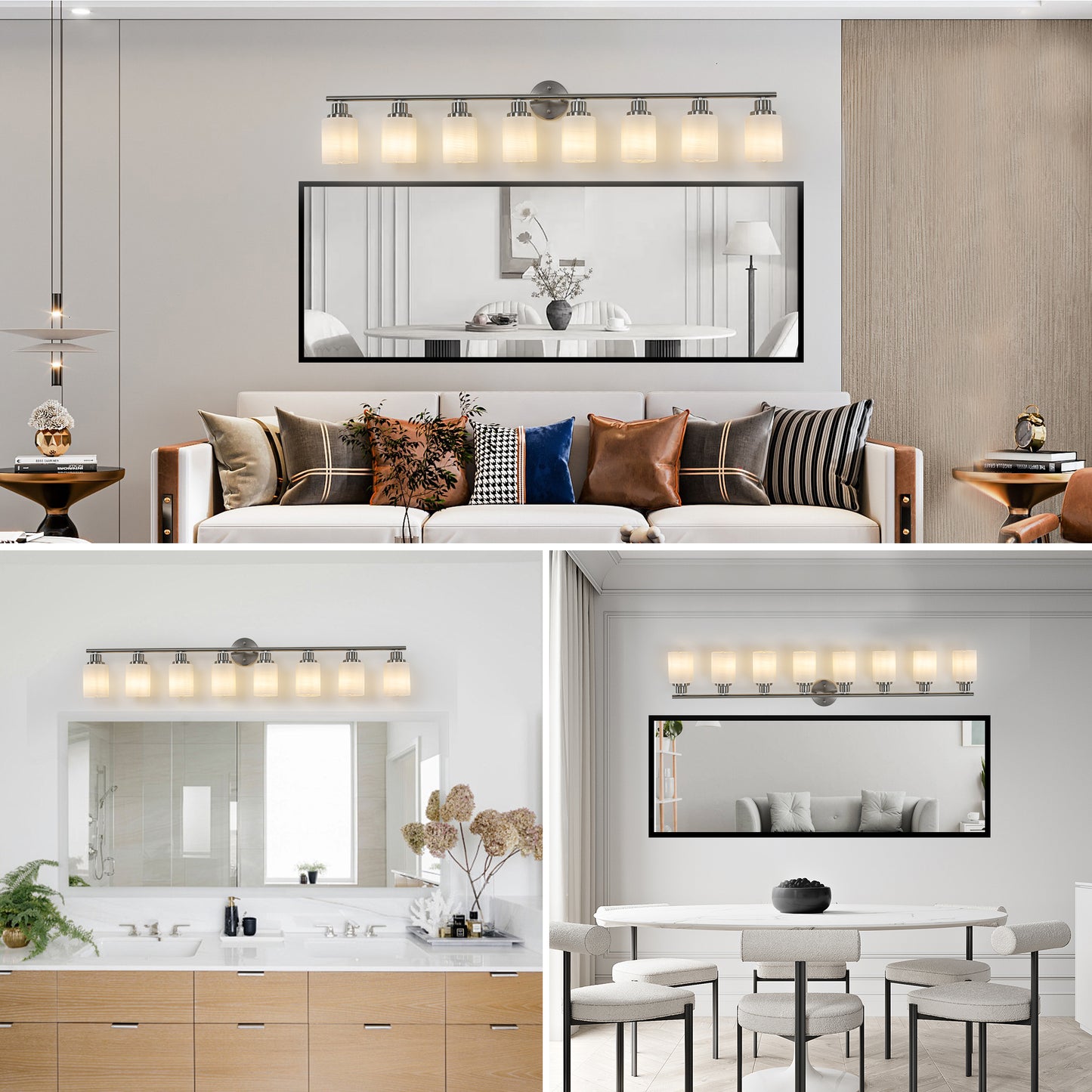 52   Modern 8-Light Vanity Wall Sconce, Brushed Nickel Finish With Frosted Glass Shades For Bathroom Or Hallway Lighting  No Bulbs