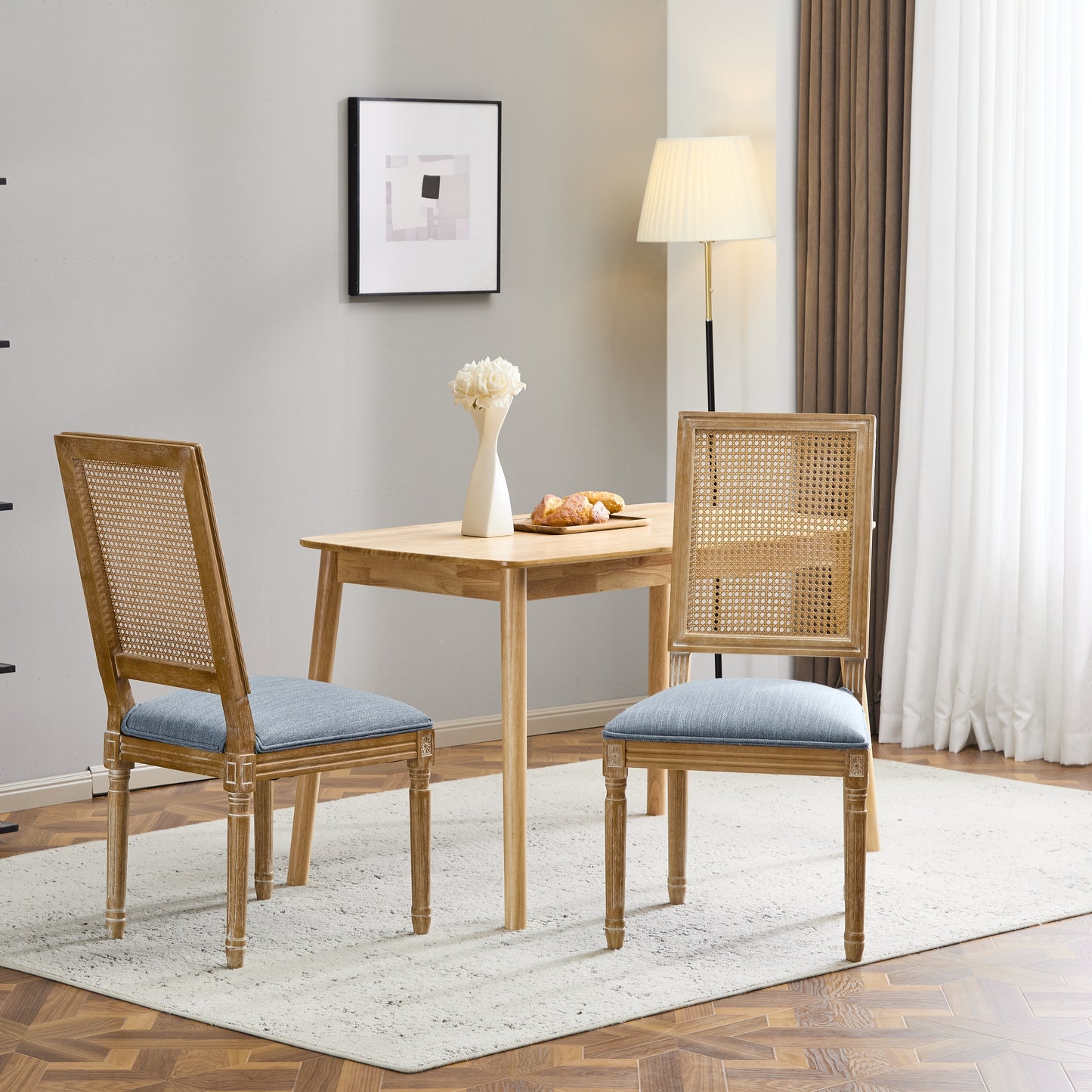 French Country Dining Chairs - Elegant Cane Backrest & Upholstered Seats With Fluted Legs - Rustic Weathered Finish - Solid Rubberwood Frame - Vintage Inspired Kitchen & Dining Room Chairs