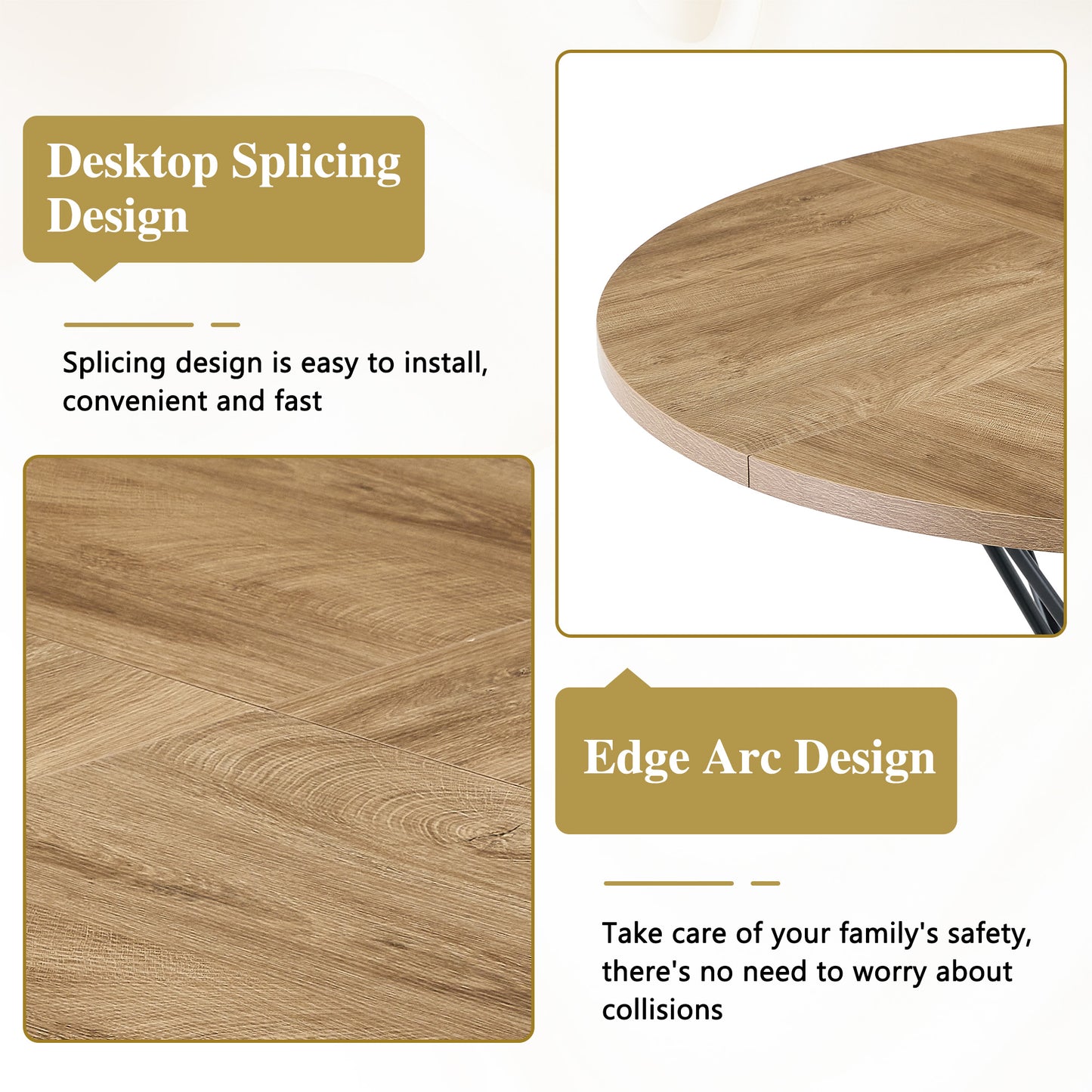 A Circular Dining Table With A Diameter Of 47.3 Inches, Featuring 4 Light Wood Grain MDF Tabletops, Black Hourglass Shaped Metal Brackets, And A Modern Industrial Style Dining Table For 4-6 People.