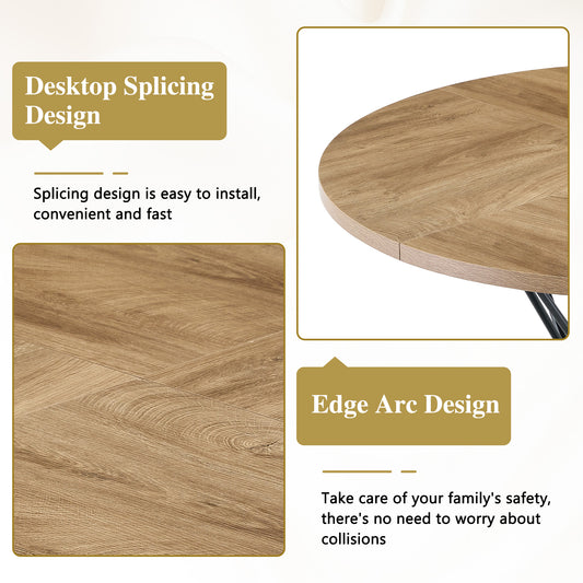 A Circular Dining Table With A Diameter Of 47.3 Inches, Featuring 4 Light Wood Grain MDF Tabletops, Black Hourglass Shaped Metal Brackets, And A Modern Industrial Style Dining Table For 4-6 People.