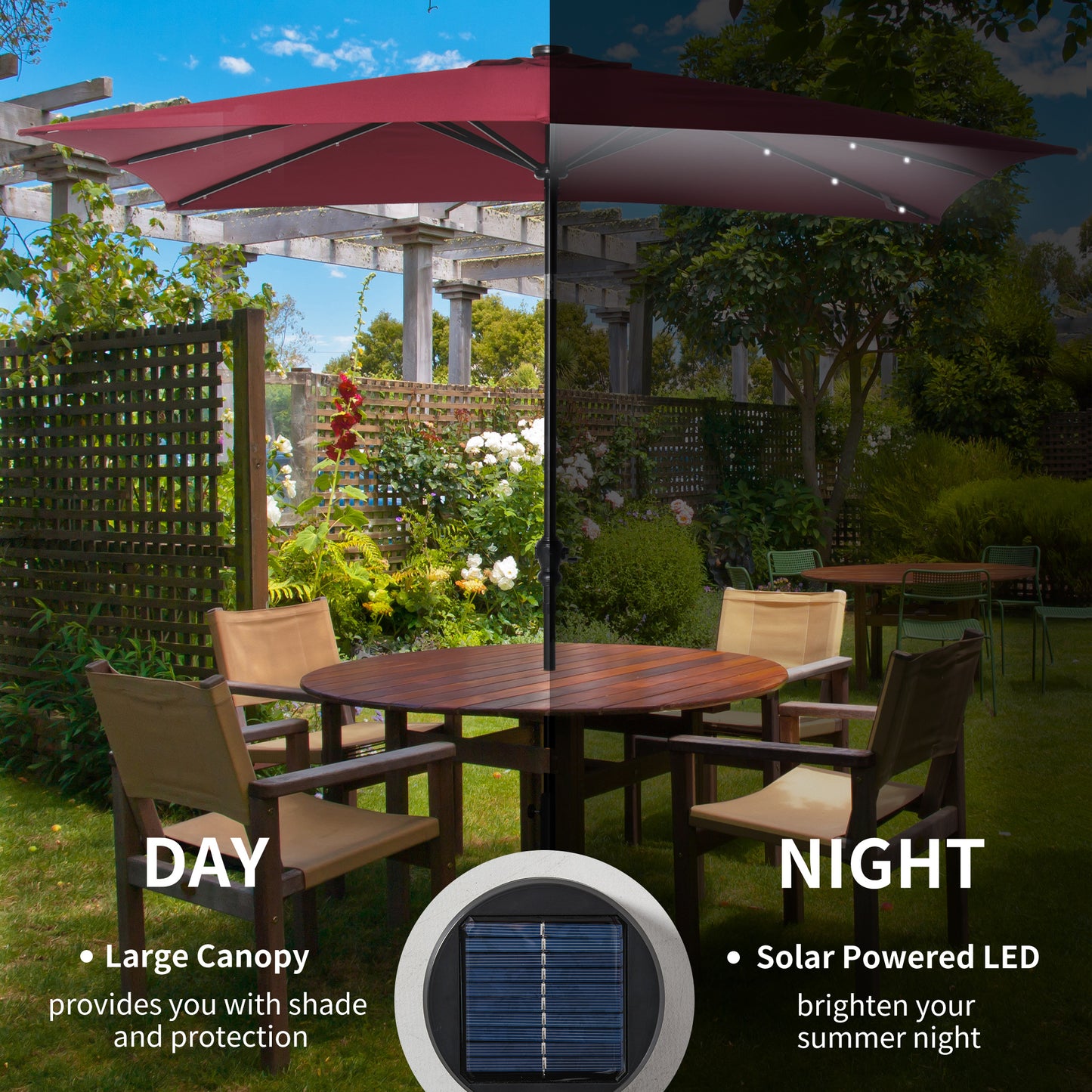 9' X 7' Solar Umbrella, LED Lighted Patio Umbrella For Table Or Base With Tilt & Crank, Outdoor Umbrella For Garden, Deck, Backyard, Pool, Beach, Wine Red
