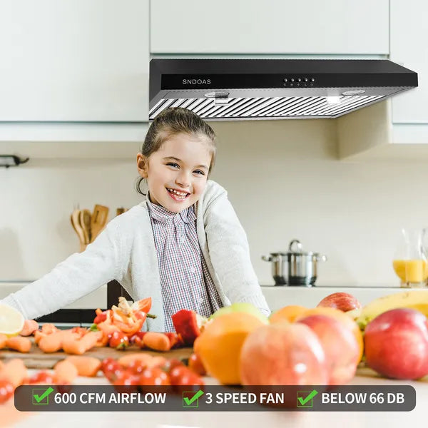 30 Inch Kitchen Under Cabinet Range Hood 3-Speed 600CFM Vent W/LEDs Silver/Black
