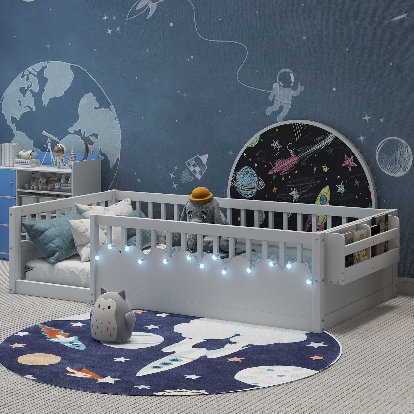 Twin Montessori Floor Bed Frame With High Rails, Wood Kids Floor Beds With Light And Storage Shelf, White Expect Arrival Date 2025 8 15