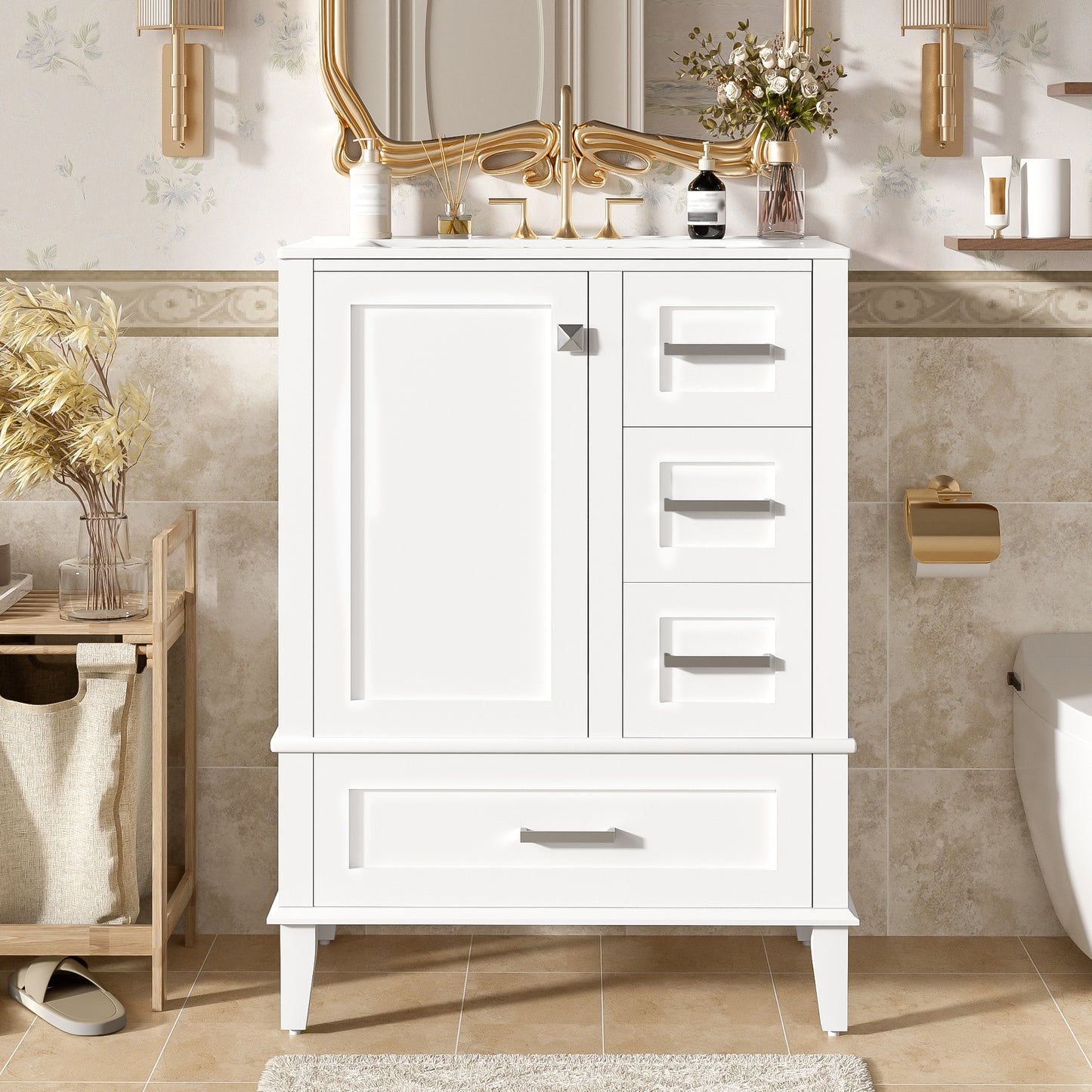 24.8  Bathroom Vanity With Ceramic Sink, Modern Freestanding Cabinet Featuring Soft-Close Door, Deep Drawer, Shallow Drawer & Wide Drawer For Space-Saving Storage