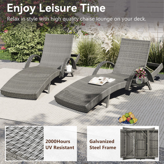 K&K 80   Outdoor Wicker Chaise Lounge Chairs Set Of 2, Patio Rattan Reclining Chair Pull-out Side Table W   5-Level Adjustable Backrest Ergonomic Wave Design Pool Sunbathing Recliners, Grey