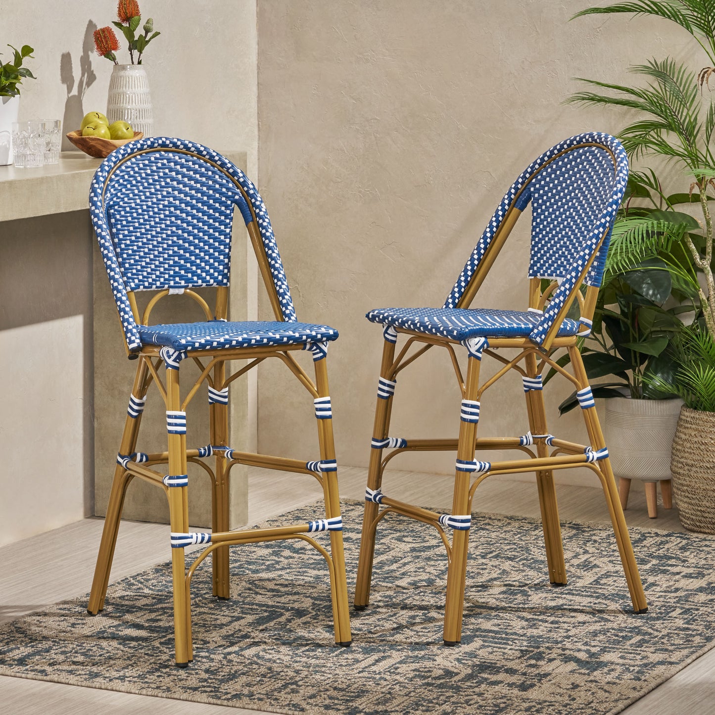 29.5 Outdoor PE Rattan French Barstool, Dark Teal And White, Aluminum Frame With Bamboo Finish  Set Of 2