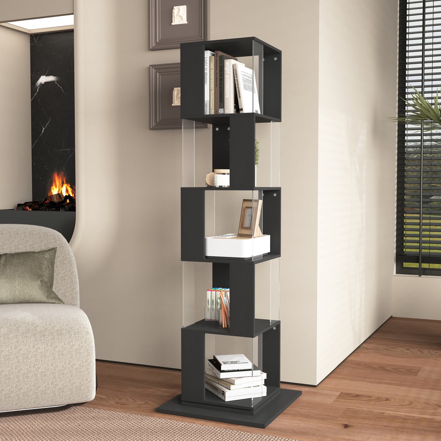 360 Rotating Bookshelf With Acrylic Plate, 5-Tier Tall, Floor Rack Simple Bookcase, Modern Display Shelf For Living Room Home Office Bedroom