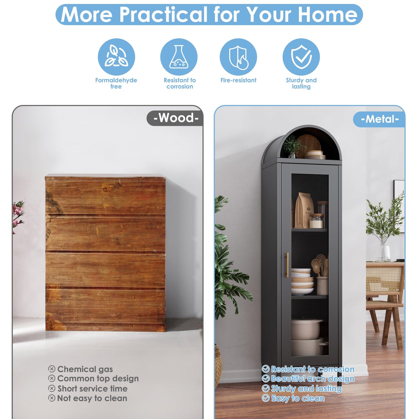 Metal Arched Bookcase Cabinet, Arch Display Storage Cabinet With Glass Doors & 2 Shelves For Living Room, Kitchens,Office, Black, Assembly Required