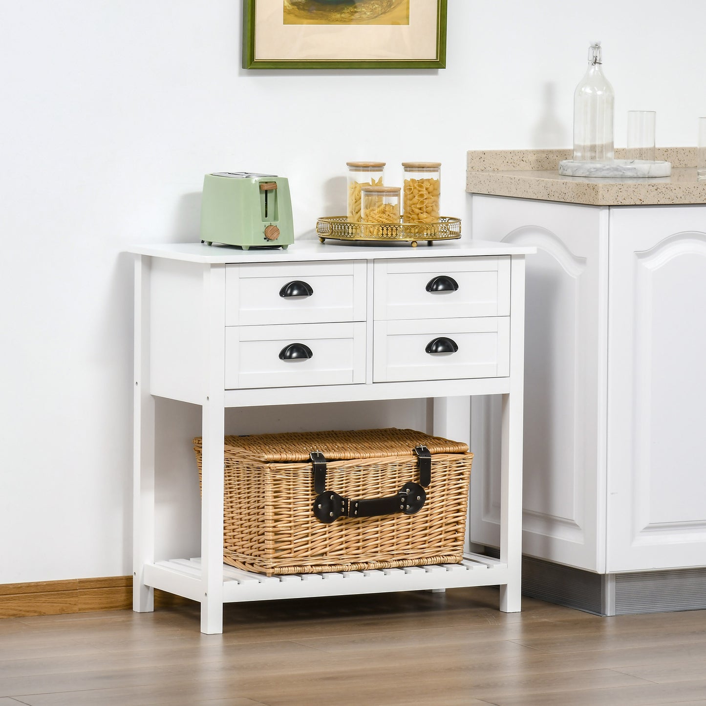 Sideboard Buffet Cabinet With Storage, Modern Coffee Bar Cabinet With 4 Drawers And Slatted Bottom Shelf, Console Table For Kitchen, Living Room, Dining Room, Hallway, White
