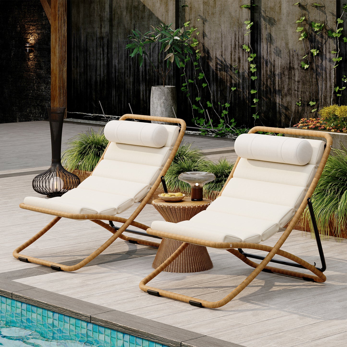 TREXM 2-Pieces Outdoor Folding Chair  Rattan-Wrapped Patio Chair With Adjustable Backrest  Thick Cushion  And Detachable Headrest  For The Poolside  Beach  Backyard  Decck  And Camping  Yellow