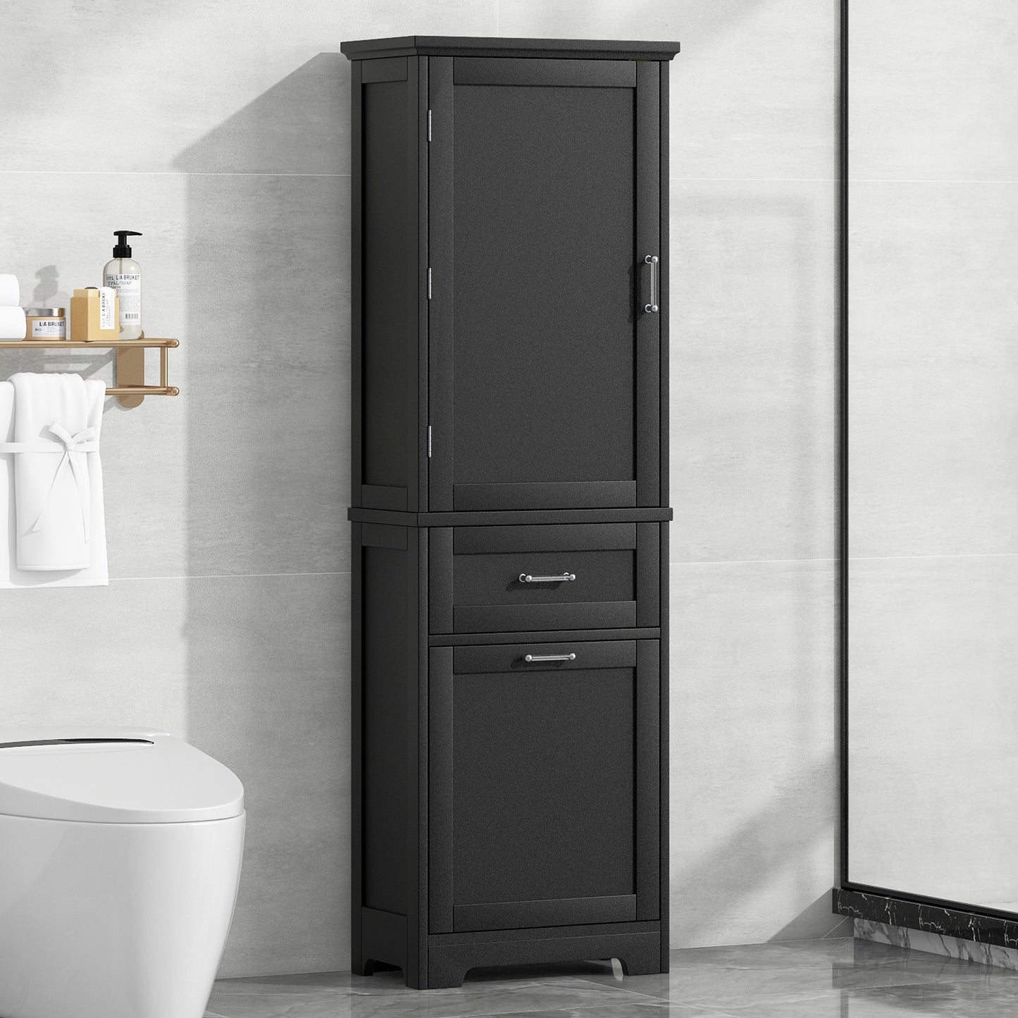 Tall Bathroom Storage Cabinet, Freestanding Storage Cabinet With Two Different Size Drawers And Adjustable Shelf, MDF Board With Painted Finish, Black