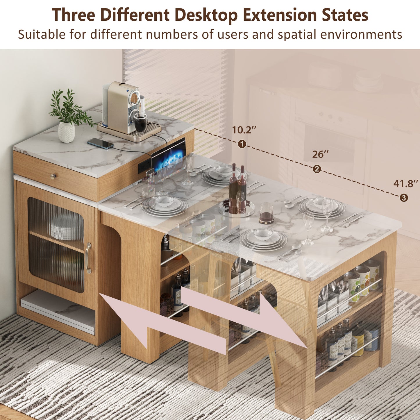 59.5 Kitchen Island With Extendable Dining Table,Kitchen Storage Table With Double-sided Storage,Kitchen Island With 2 Drawers,Power Outlet,Side Open Shelves,for Kitchen,Dining Room,Natural