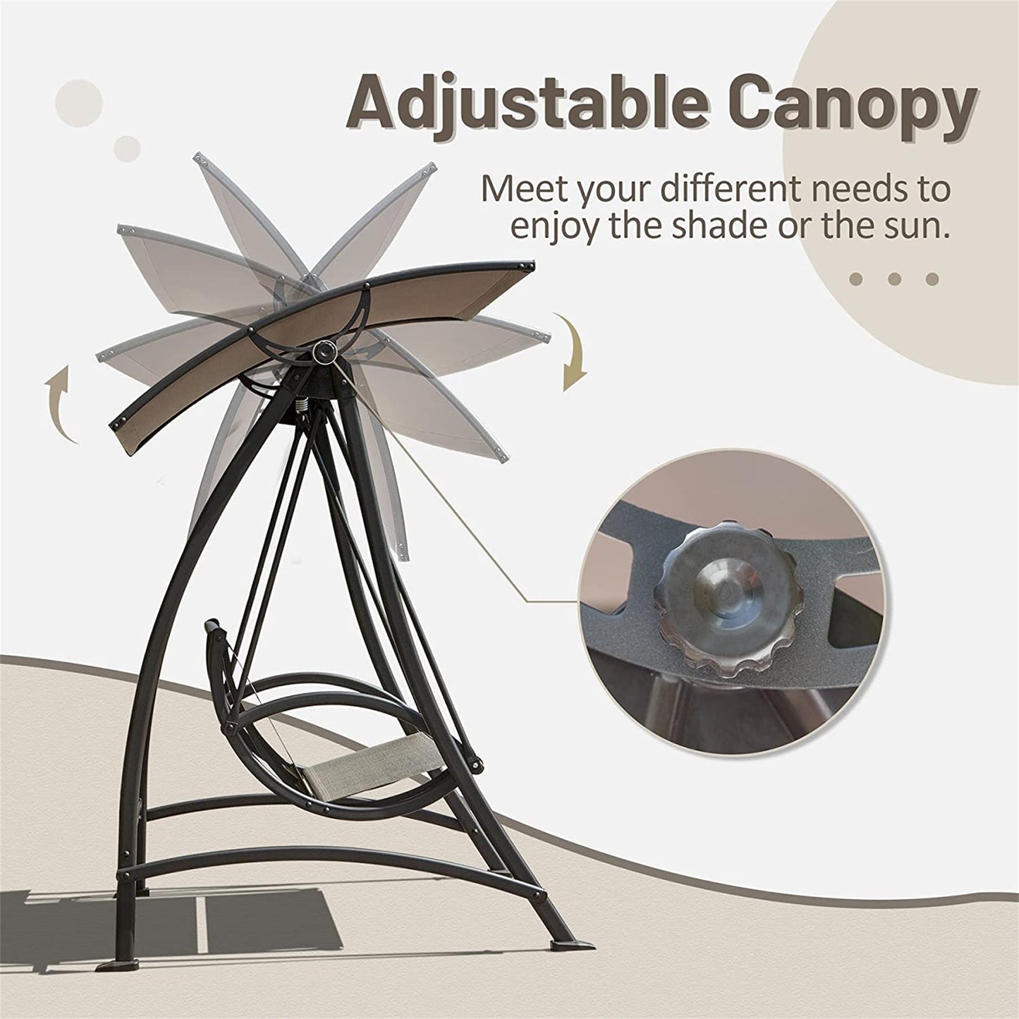 2-Seat Patio Swing Chair, Outdoor Porch Swing With Adjustable Canopy And Durable Steel Frame, Patio Swing Glider For Garden, Deck, Porch, Backyard