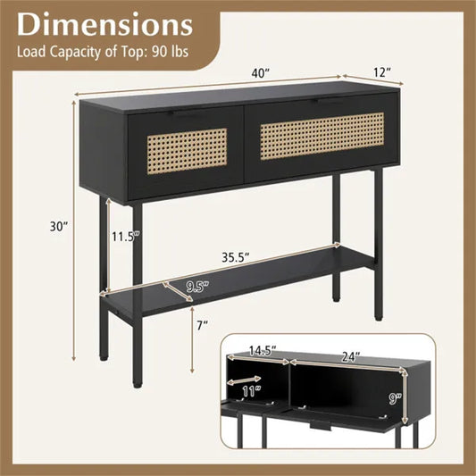 Black Rattan Console Table With Storage Cabinets & Open Shelf, 40 Inch Entryway Table With Sturdy Carbon Steel Frame For Living Room, Hallway, Sofa Table