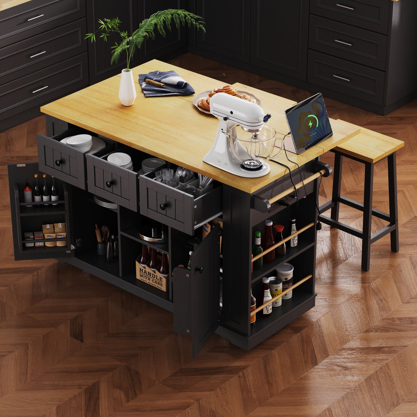K&K 53inch Large Kitchen Island With 2 Bar Stools, Power Outlet,Door Internal Storage Rack, Kitchen Storage Cart On 5 Wheels With Drop Leaf, 5 Open Side Racks, 3 Drawers,Black  Three Packages