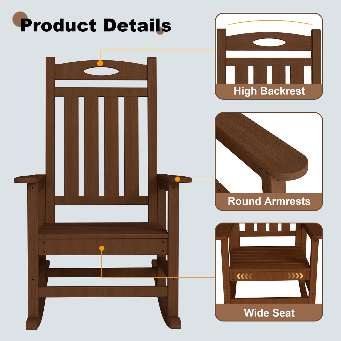 Outdoor Rocking Chair Set Of 2, HDPE Patio Rocking Chair For Adults, Oversized Outdoor Rocker For Porch Garden Lawn,Brown