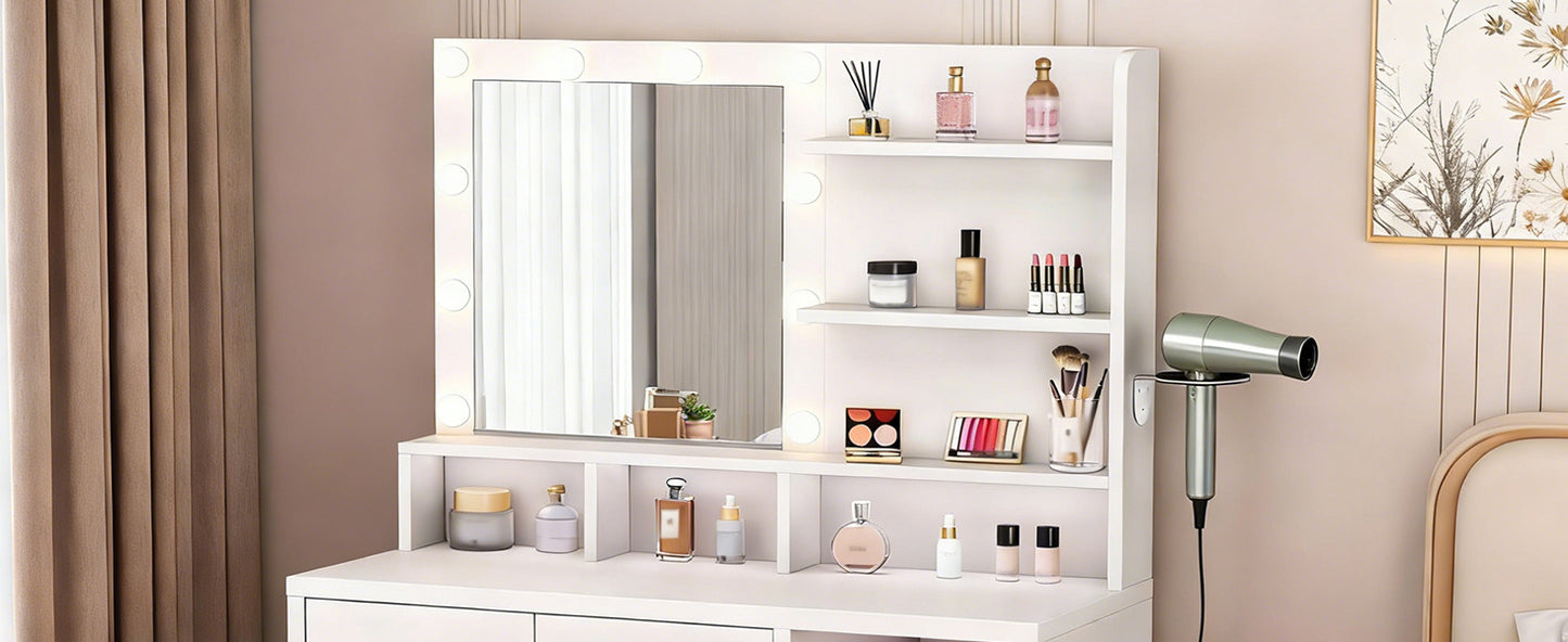 Vanity Desk White Easy Assembly Makeup Table With Mirror 3 Color LED Bulbs Power Outlet Open Storage Shelves Cabinet Drawers For Bedroom