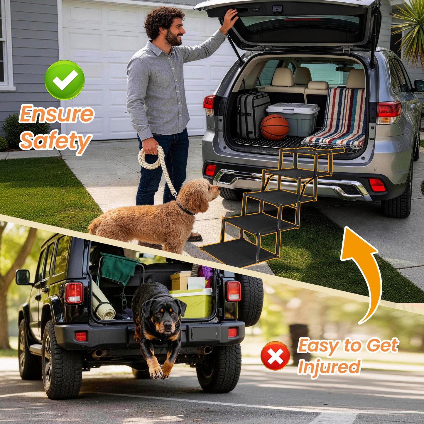 Extra Wide  Foldable Dog Stairs, Pet Ramp With Non Slip Surface And Soft Foam Handle, Dogs Stairs For Cars, High Beds, Truck, Supports Up To 250 Lbs, 5 Steps