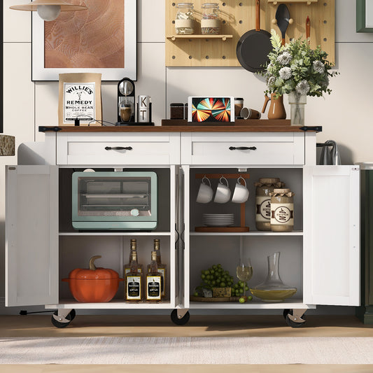 K&K 53.5 Farmhouse Kitchen Island With Power Outlet, Kitchen Storage Island With Drop Leaf, Spice Rack And Drawer, Rolling Kitchen Cart On Wheels, For Home, Kitchen And Dining Room, White