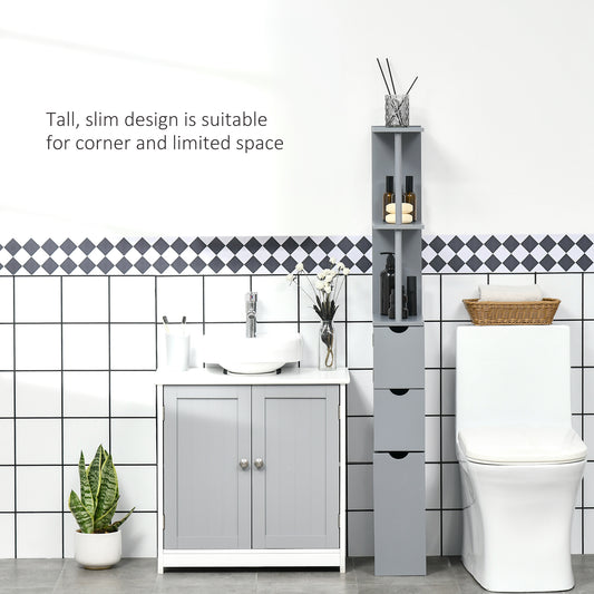 54" Tall Bathroom Storage Cabinet, Freestanding Linen Tower With 2-Tier Shelf And Drawers, Narrow Side Floor Organizer, Grey