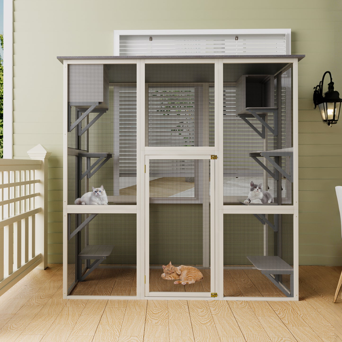 Gray Wooden Outdoor Catio Cat Enclosure With Weatherproof Asphalt Roof, Large Walk-in Cat House With 6 Platforms & 2 Napping Boxes, Solid Wood Cat Cage  Kennel Condo Playpen For Patio