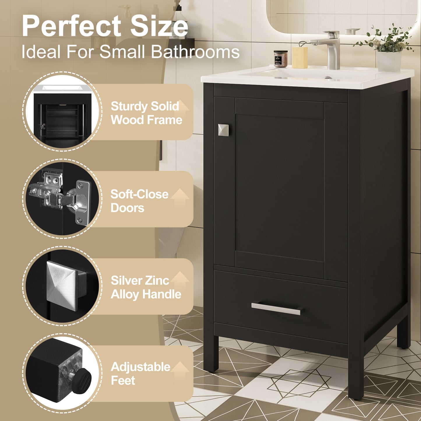 20-Inch Modern Bathroom Vanity With Ceramic Sink, Soft-Close Drawer & Door, Double-Layer Door Organizer, Divider Drawer, Adjustable Foot Pads -Space-Saving Storage Design