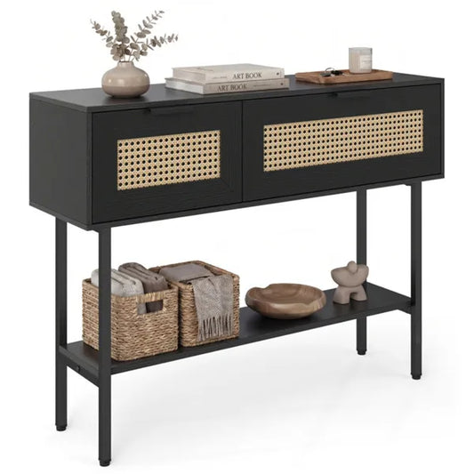 Black Rattan Console Table With Storage Cabinets & Open Shelf, 40 Inch Entryway Table With Sturdy Carbon Steel Frame For Living Room, Hallway, Sofa Table