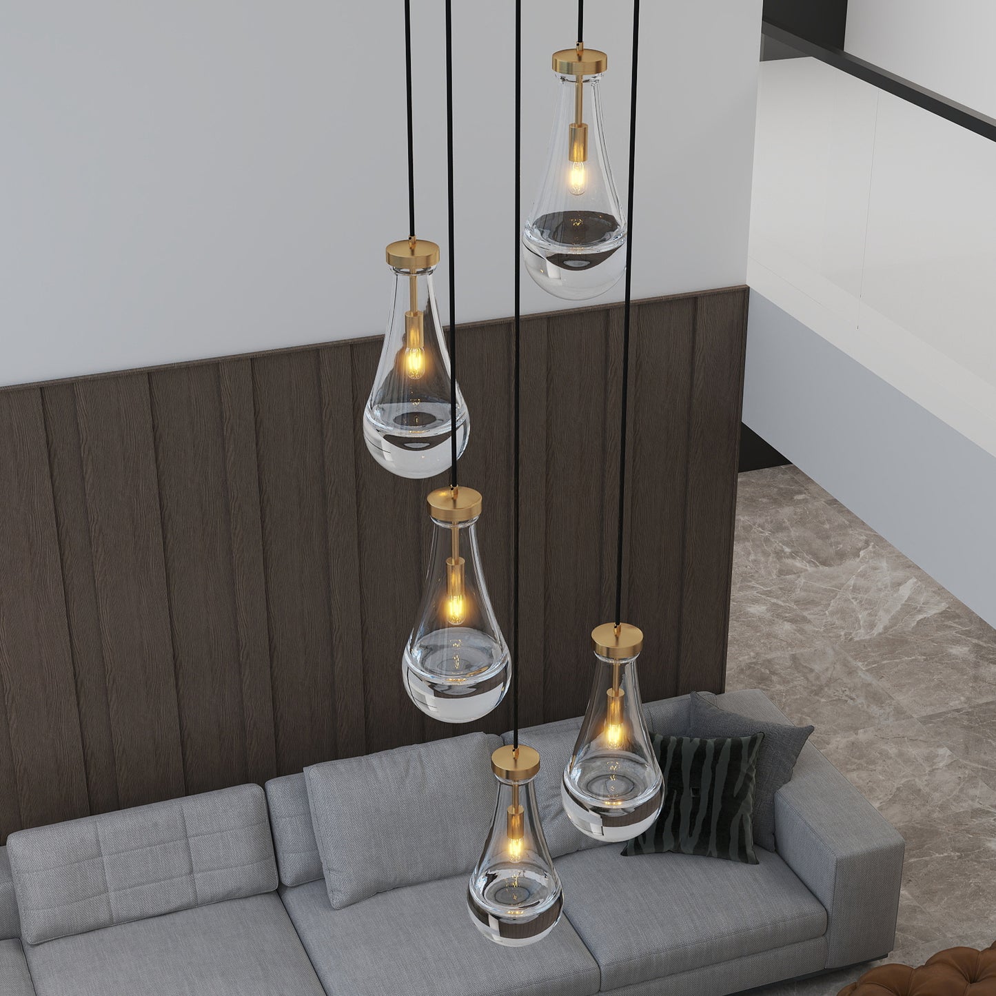 5 Light Cluster Pendant Light, Brass High Ceiling Chandeliers Adjustable, Living Room Pendant Light, Foyer Chandeliers, Stairwell Pendant Lights,E12 Not Including Bulb