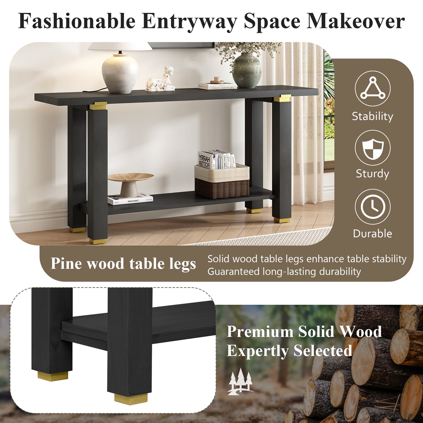 U Style 62.9  Modern Minimalist Console Table  Solid Wood Entryway Sofa Table With Metal Accents  Built In Shelf  For Living Room  Hallway  3 Colors Black  Gray  Natural