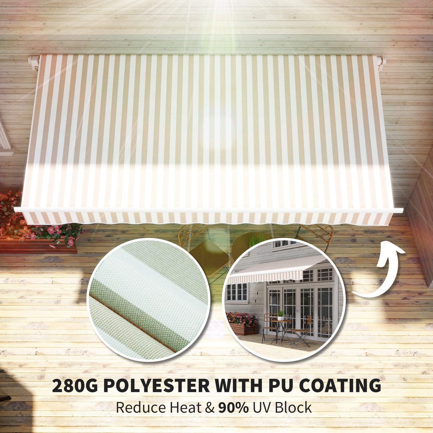 12' X 10' Retractable Awning Patio Awnings Sun Shade Shelter With Manual Crank Handle, 280g/m² UV & Water-Resistant Fabric And Aluminum Frame For Deck, Balcony, Yard, Beige And White