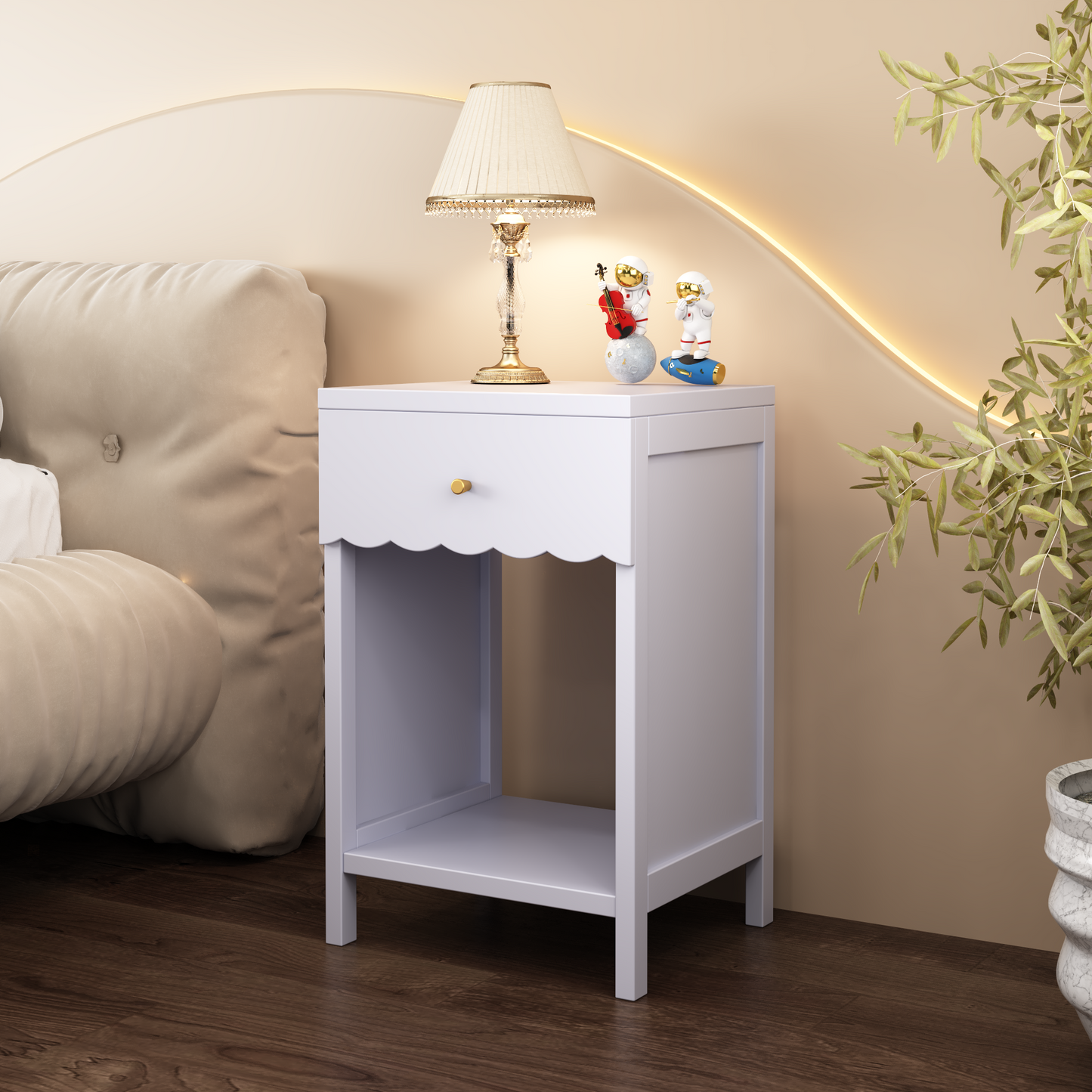 Modern  Nightstand With Drawer And Open Shelf,Scalloped Edge Bedside Table For Bedroom, Cute Minimalist Side Table For Kids Room Or Girls' Room,Light Purple