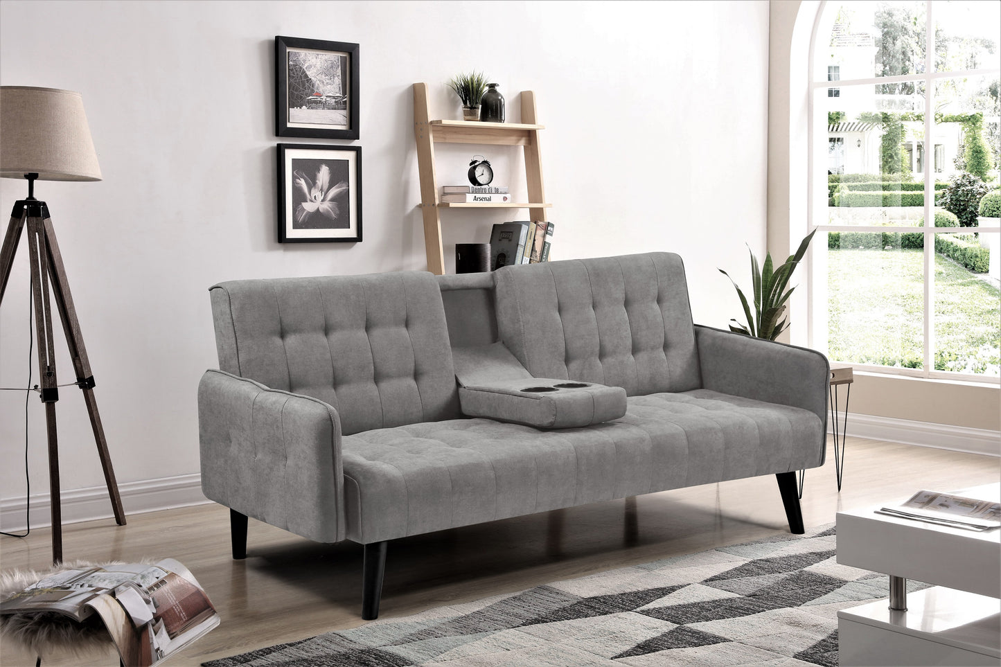 72   Sleeper Sofa Bed - Convertible Folding Backrest To Full Bed With Cup Holder & Drop-Down Table - Space Saving Linen Sofa For Small Spaces - Easy Assembly, Grey