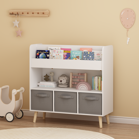 Kids Bookshelf With 3 Fabric Bins, Modern Children's Bookcase With Storage For Toys And Books, Toddler Book Organizer Shelf For Playroom, Bedroom, Or Nursery, White And Gray